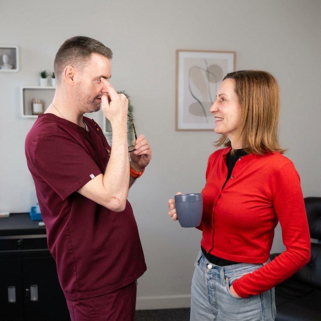 Adam in consultation with a client
