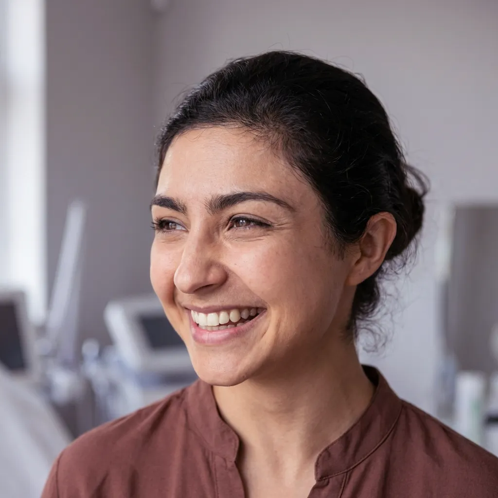 A female client smiling broadly